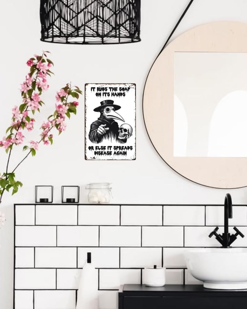 ALKB Plague Doctor Bathroom Sign 8x12” – Gothic Wall Decor – “It Rubs the Soap on Its Hands…” – Dark Humor Handwashing Reminder, Novelty Gift - Image 3